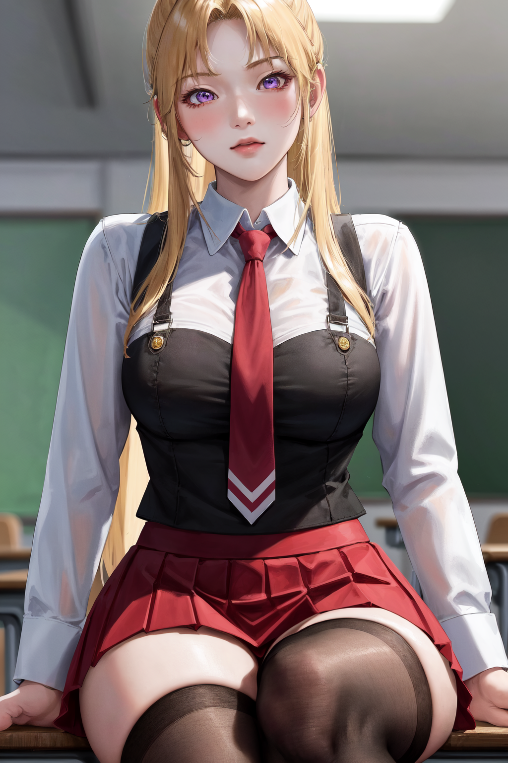 07610-3289686108-masterpiece, best quality, highres, 1girl kaori saeki, school uniform spaghetti strap black vest red necktie red skirt black thi.png